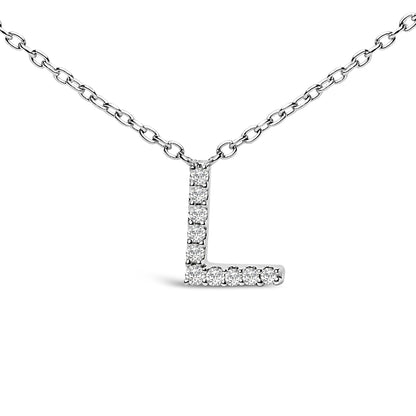 Close-up front view of a white metal necklace with a vertical and horizontal bar pendant forming an 'L' shape, each bar set with small round white gemstones in a micro-pave setting.