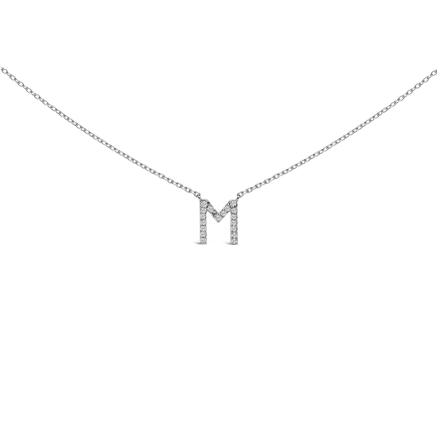 Close-up front view of a white necklace chain with a pendant in the shape of the letter 'M' adorned with small white gemstones in a micro-pave setting.
