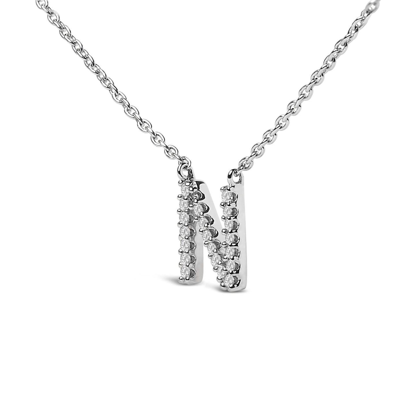 Close-up, front view of a white metal necklace with a pendant featuring three vertical bars set with small round white gemstones in a micro-pave setting, shown on a white background.