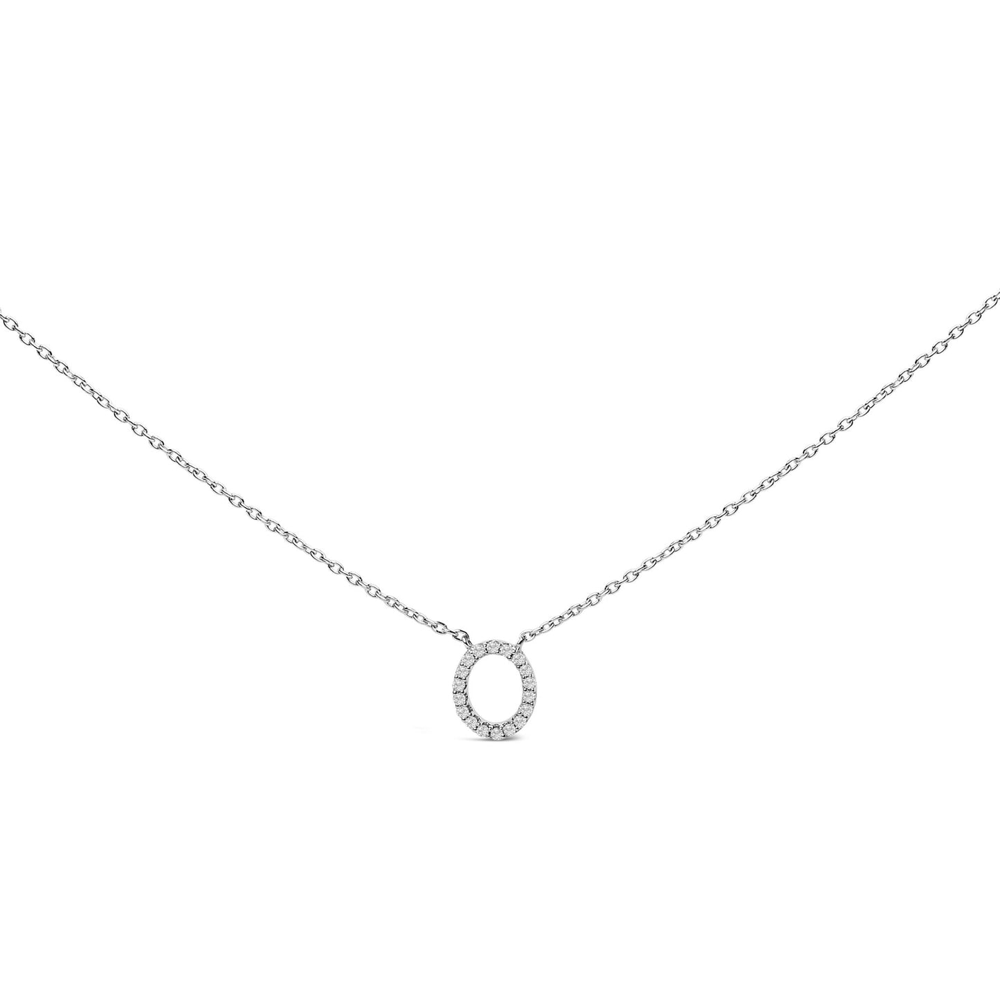 Close-up front view of a white metal necklace with an oval pendant featuring multiple white gemstones in a micro-pave setting, shown on a white background.