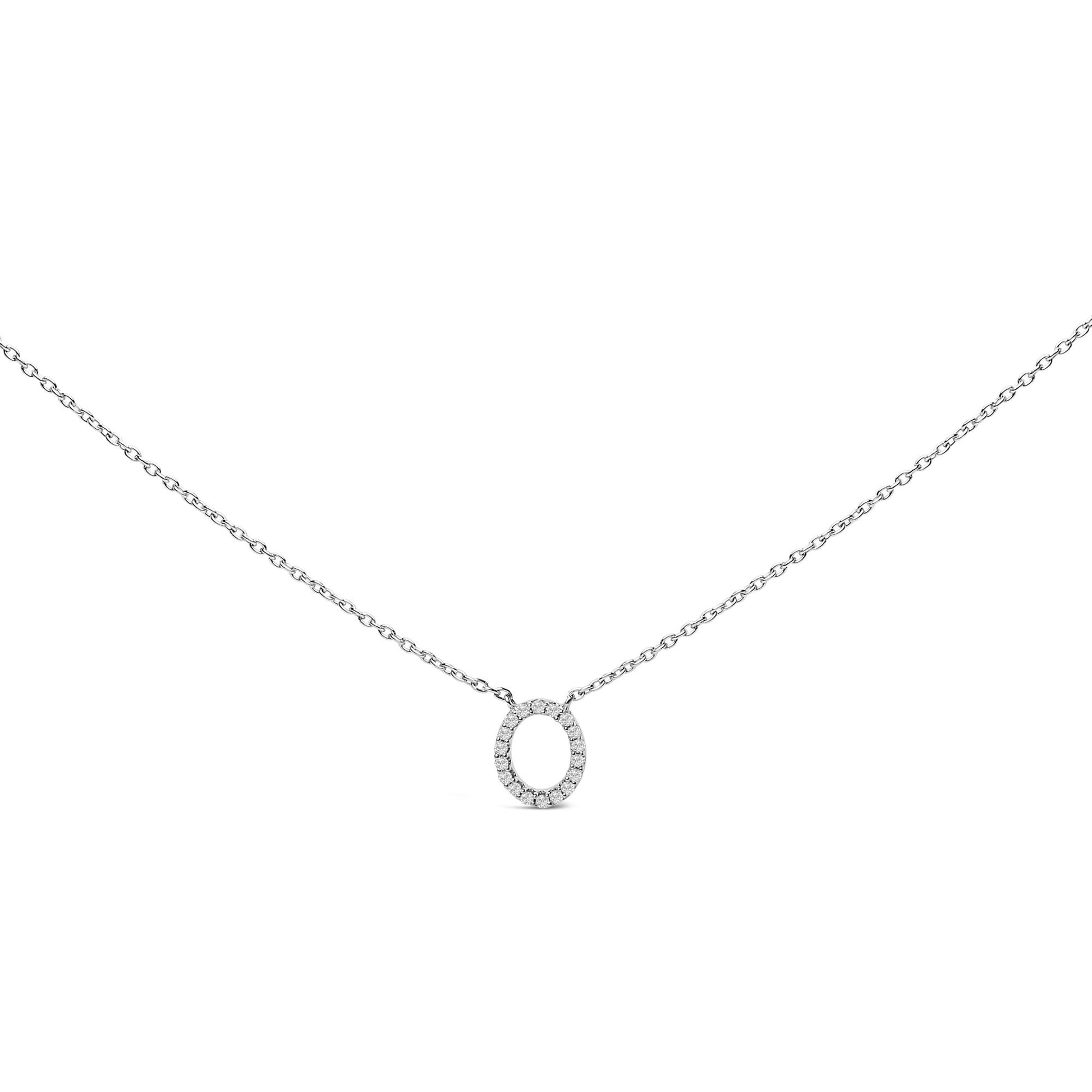 Close-up front view of a white metal necklace with an oval pendant featuring multiple white gemstones in a micro-pave setting, shown on a white background.
