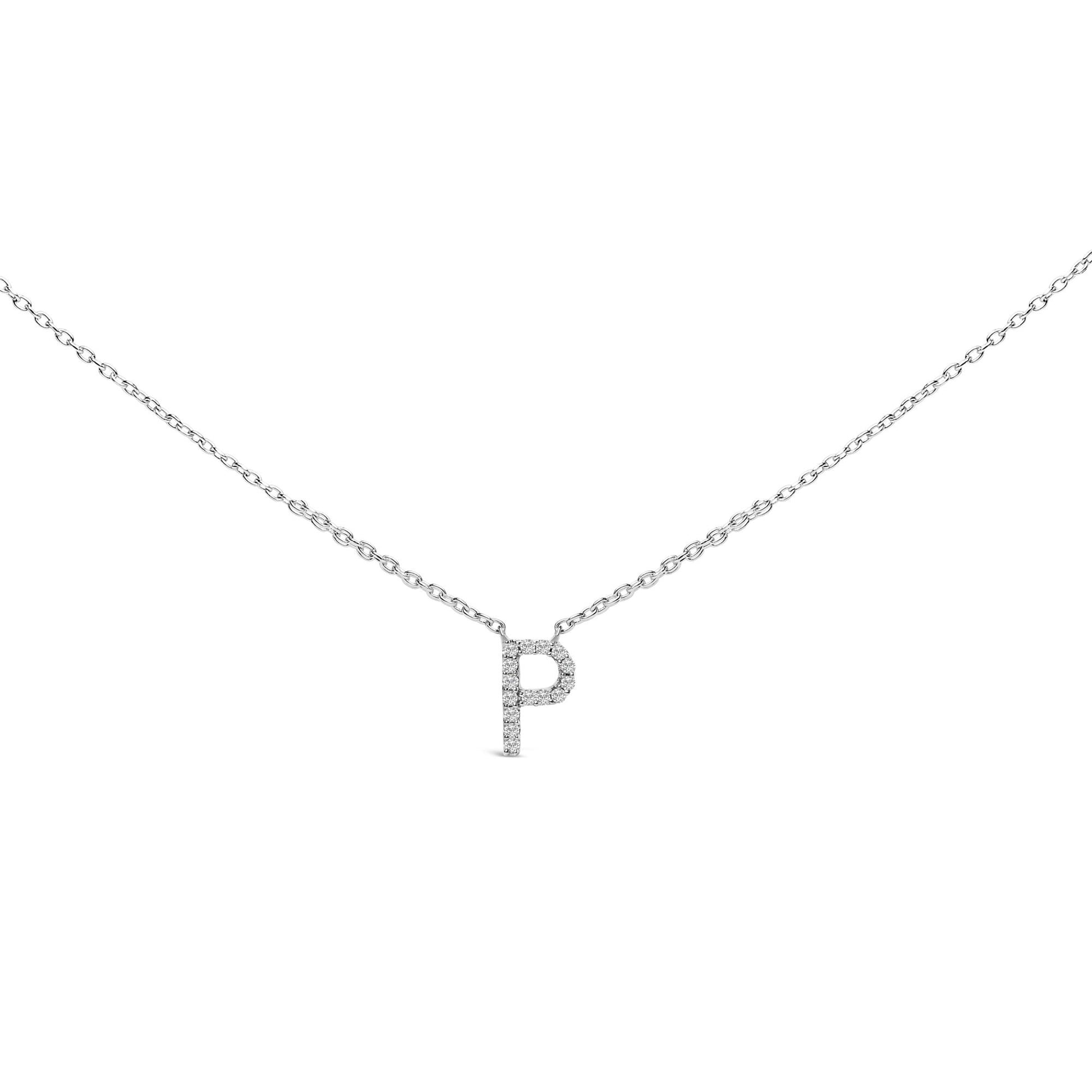 Close-up front angle of a white metal necklace with a 'P' pendant encrusted with small white gemstones in a micro-pave setting, shown on a white background.