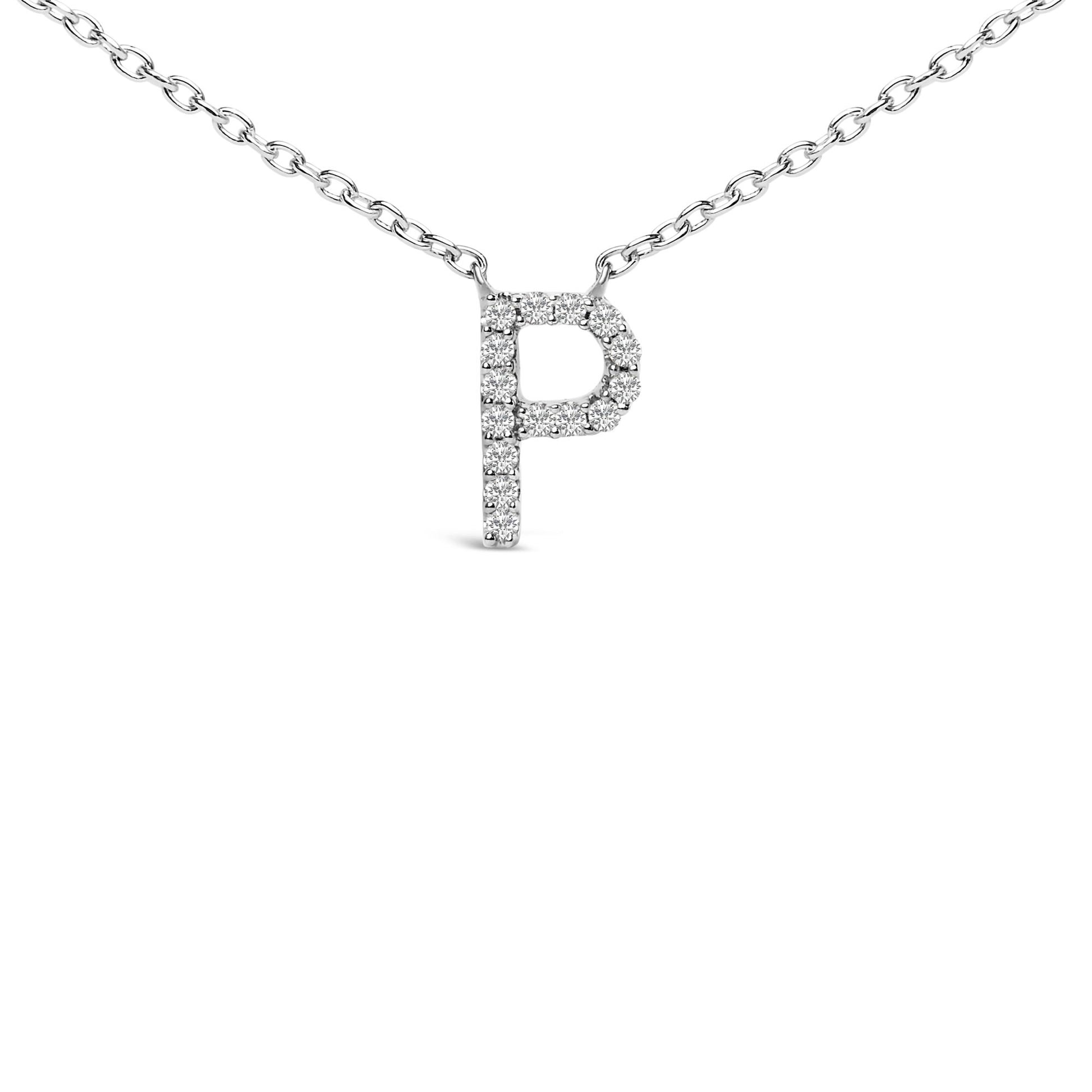 Close-up front view of a white metal necklace with a pendant shaped as the letter 'P' adorned with round white gemstones in a micro-pave setting.