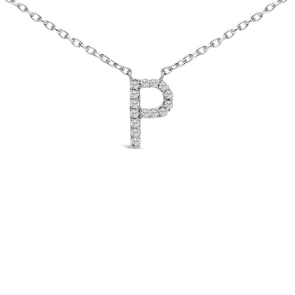 Close-up front view of a white metal necklace with a pendant shaped as the letter 'P' adorned with round white gemstones in a micro-pave setting.