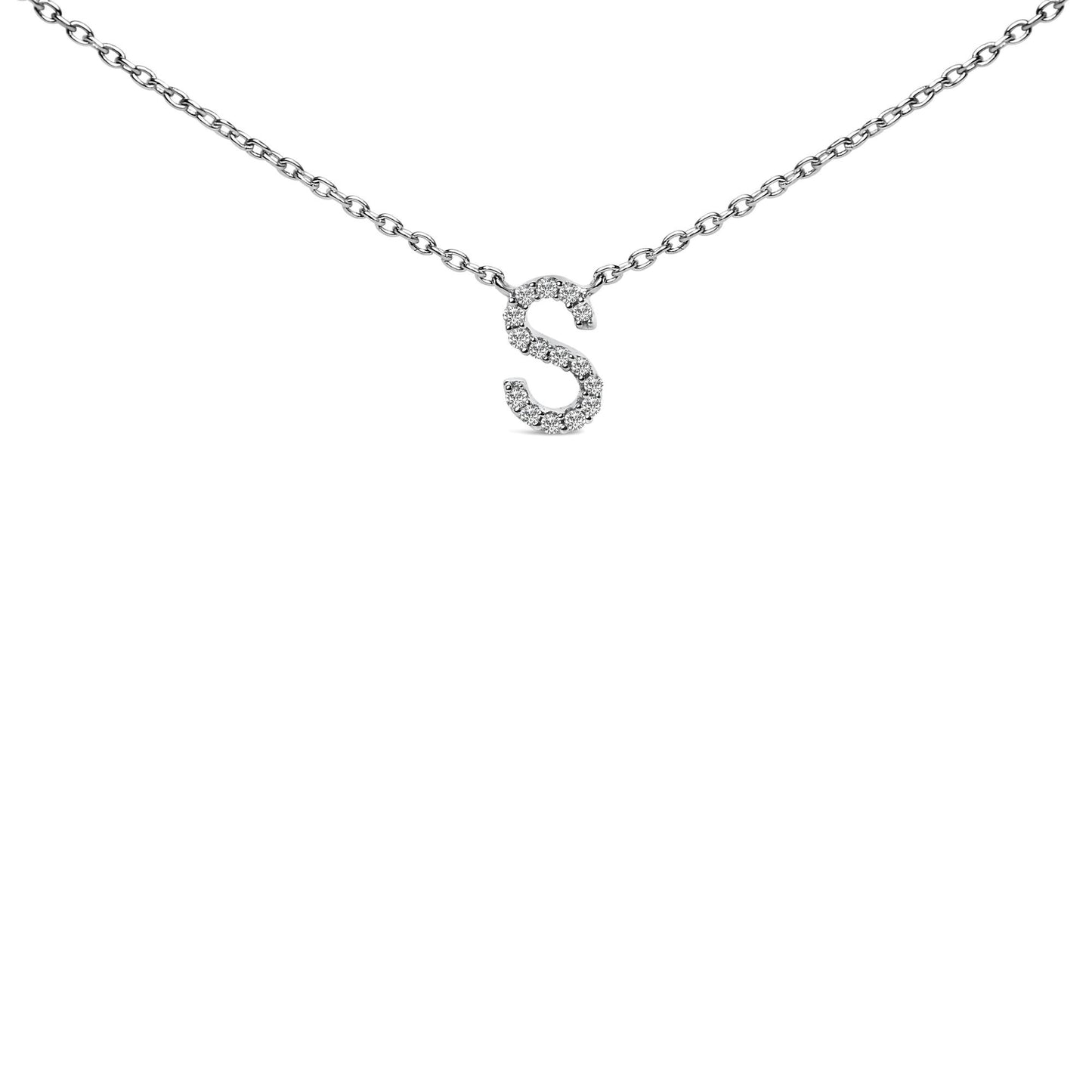 Front-facing close-up of a white metal necklace with an 'S' pendant featuring 15 round white gemstones in a micro-pave setting.