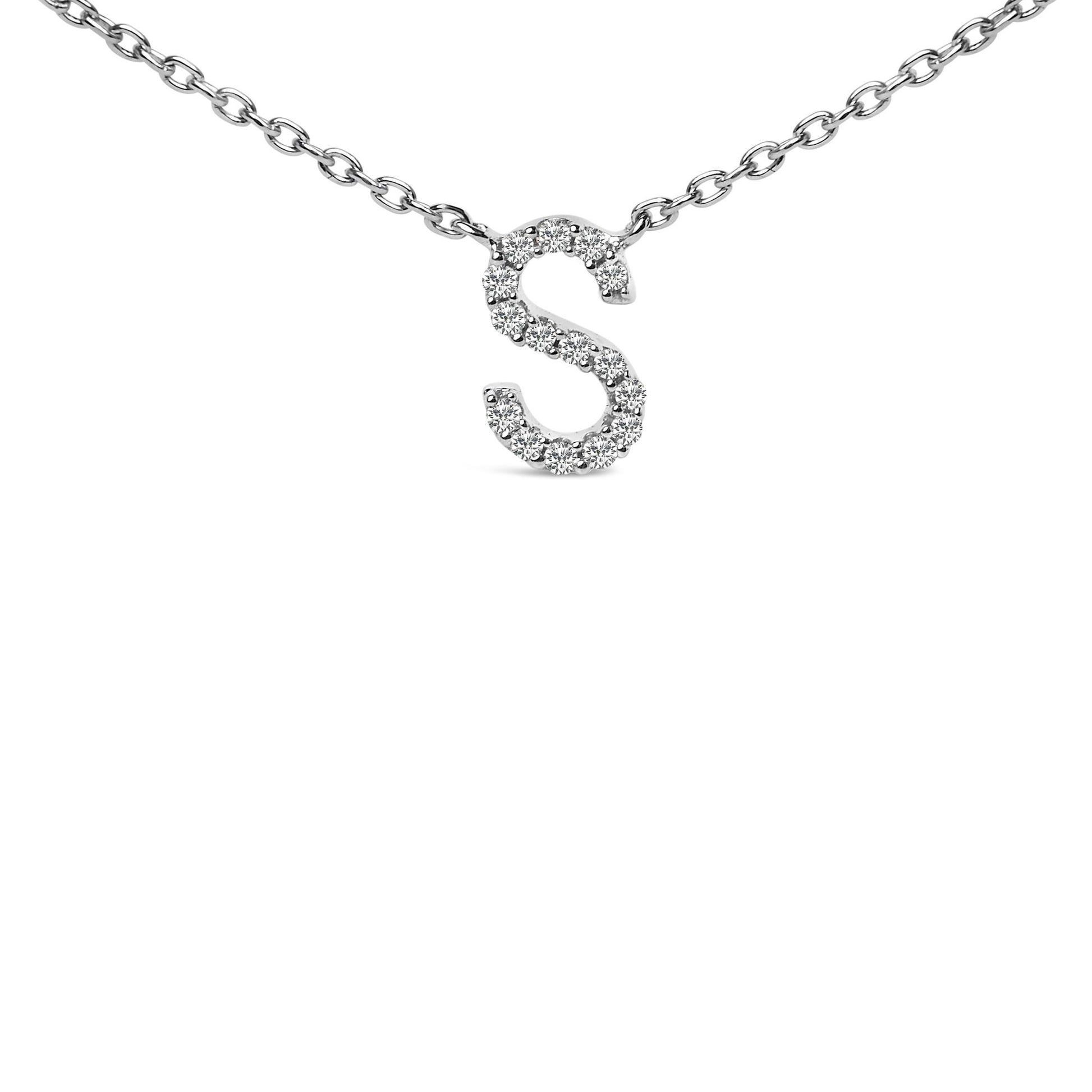 Close-up front view of a white metal necklace with a pendant shaped like the letter 'S' adorned with round white gemstones in a micro-pave setting.