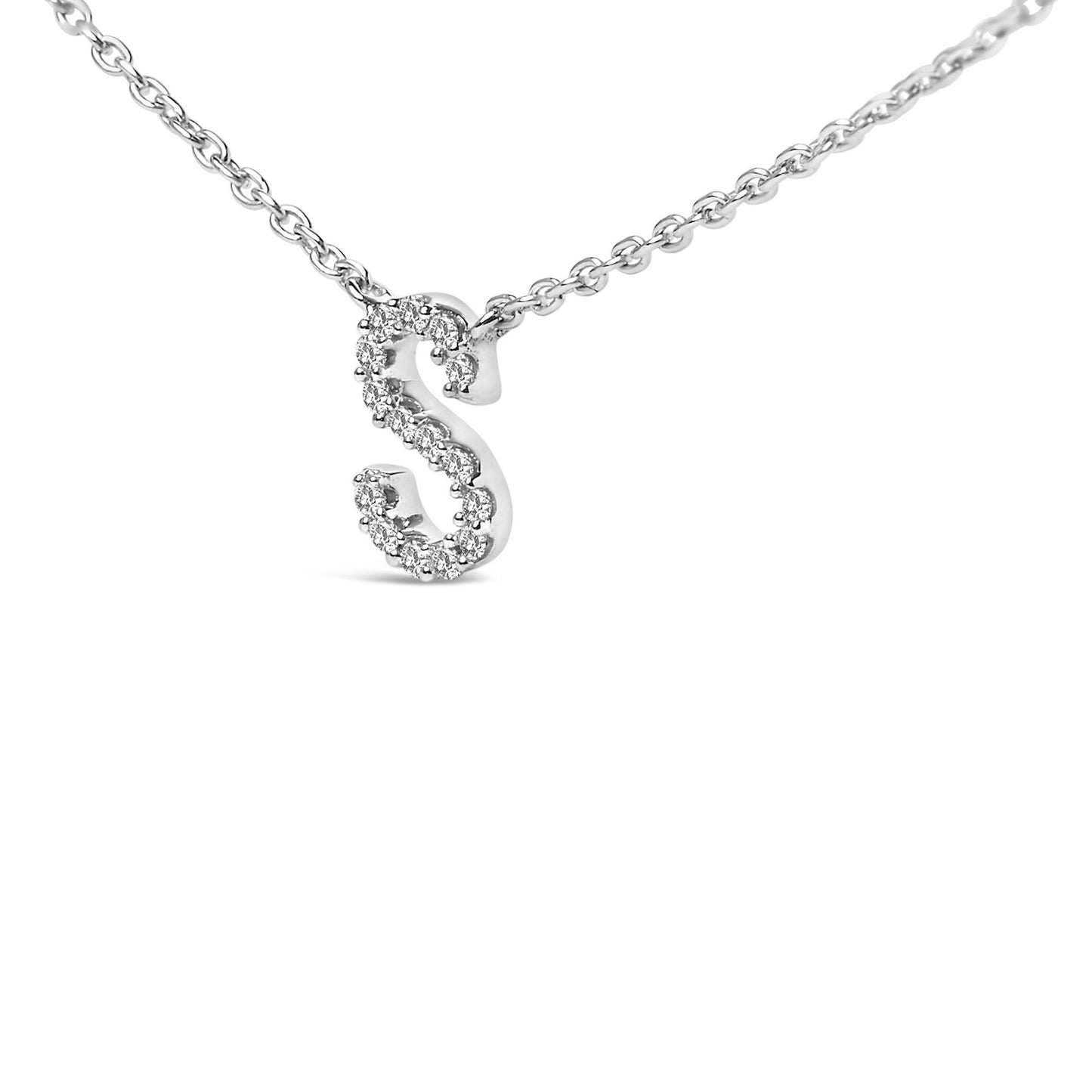 Close-up front angle of a white metal necklace pendant in the shape of the letter 'S' adorned with round white gemstones in a micro-pave setting, shown on a white background.