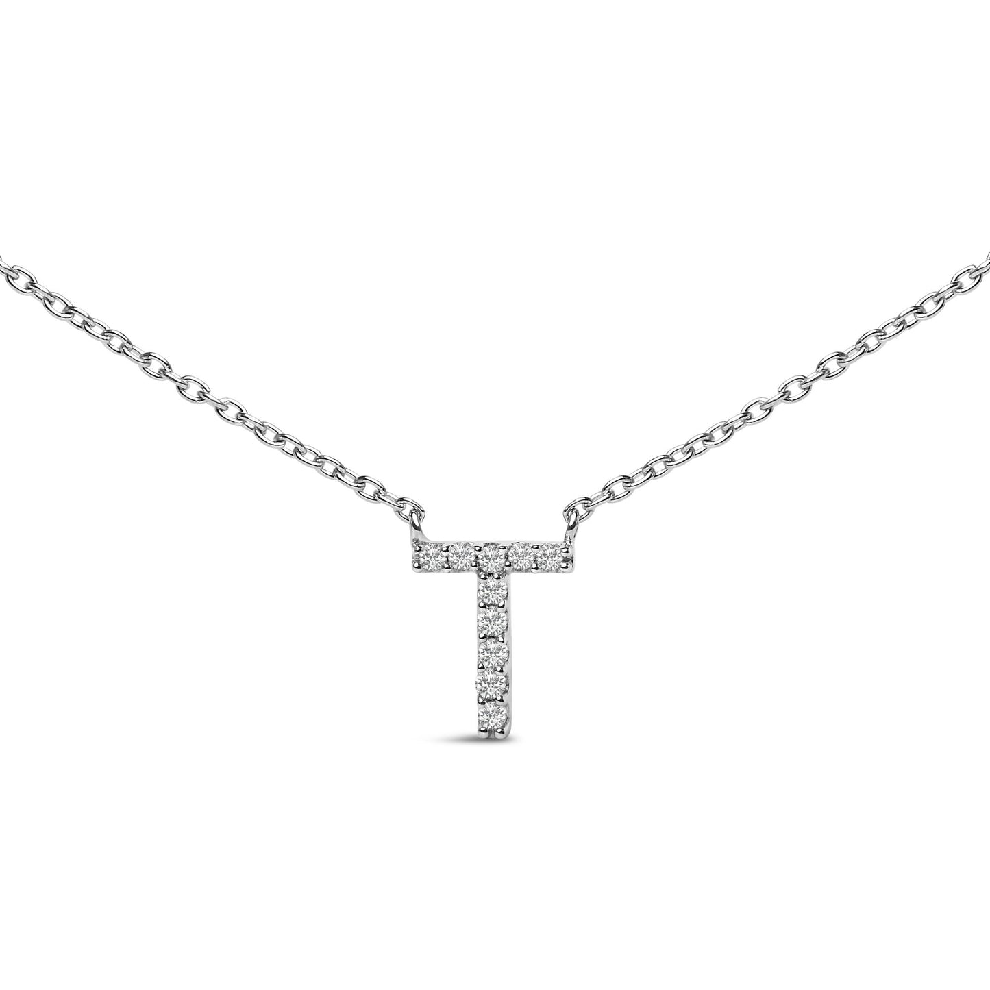 Close-up front view of a white metal necklace with a T-shaped pendant featuring round white gemstones in a micro-pave setting.