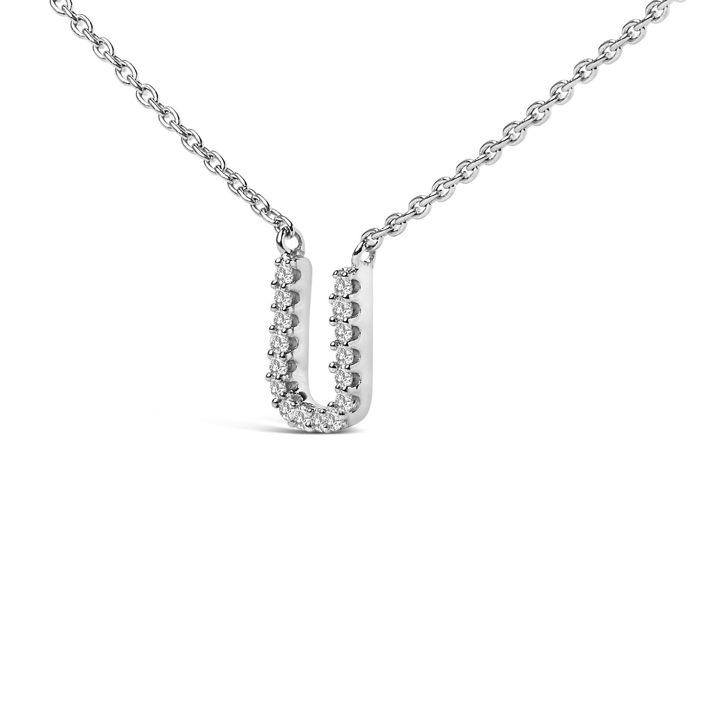 Close-up front view of a white metal necklace pendant in a U shape, set with round white gemstones in a micro-pave setting, shown on a white background.