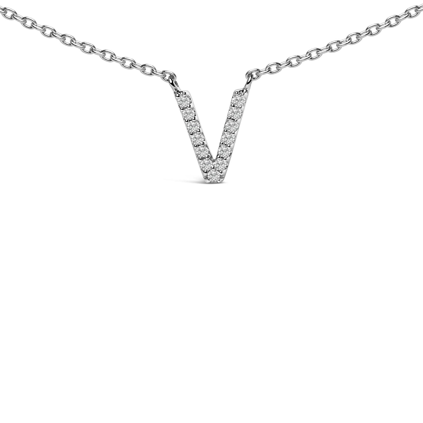 Close-up front view of a white necklace with a V-shaped pendant featuring round white gemstones in a micro-pave setting, shown on a white background.