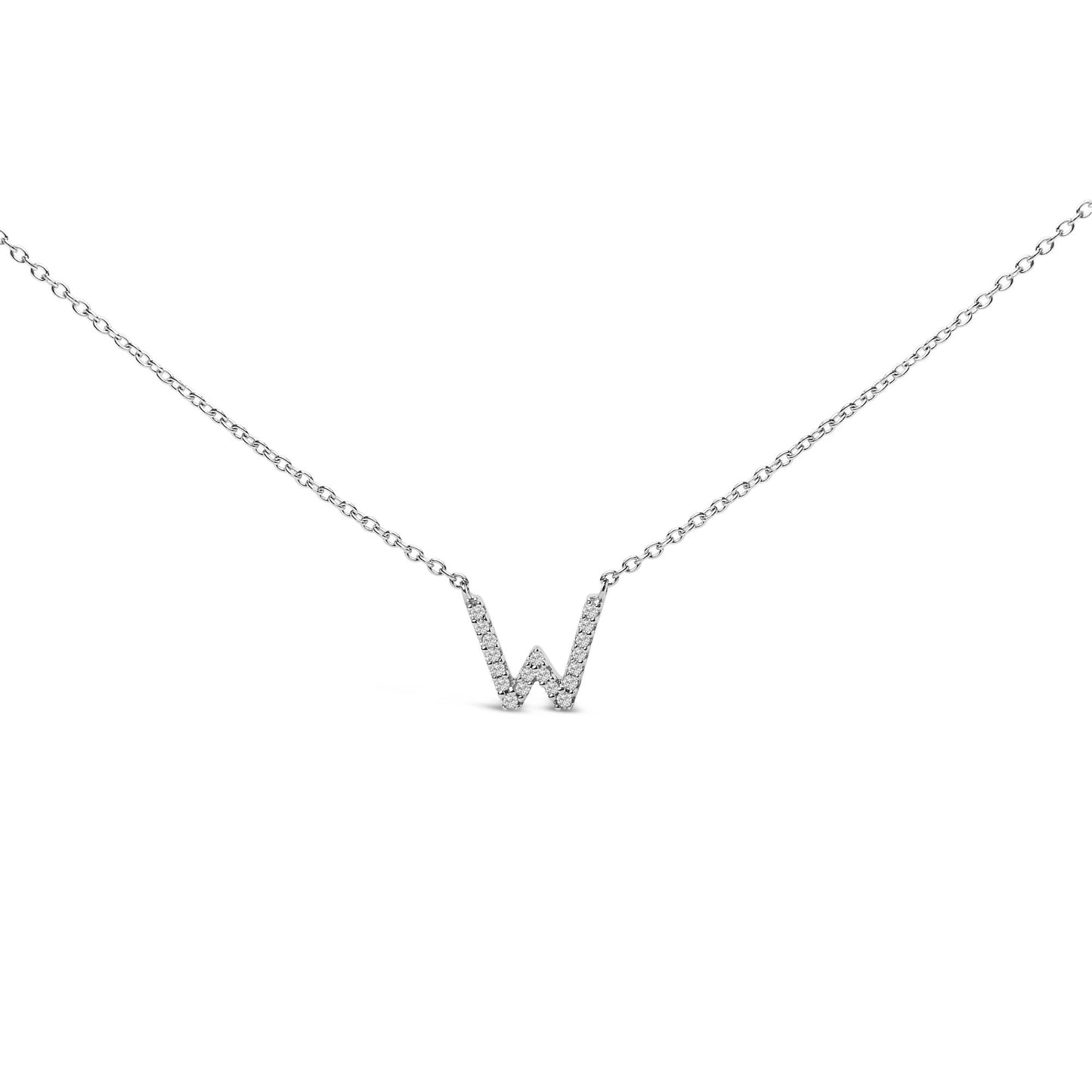 Close-up front view of a white necklace with a 'W' shaped pendant featuring round white gemstones in micro-pave setting on a chain, shown on a white background.