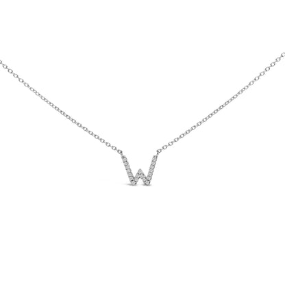 Close-up front view of a white necklace with a 'W' shaped pendant featuring round white gemstones in micro-pave setting on a chain, shown on a white background.