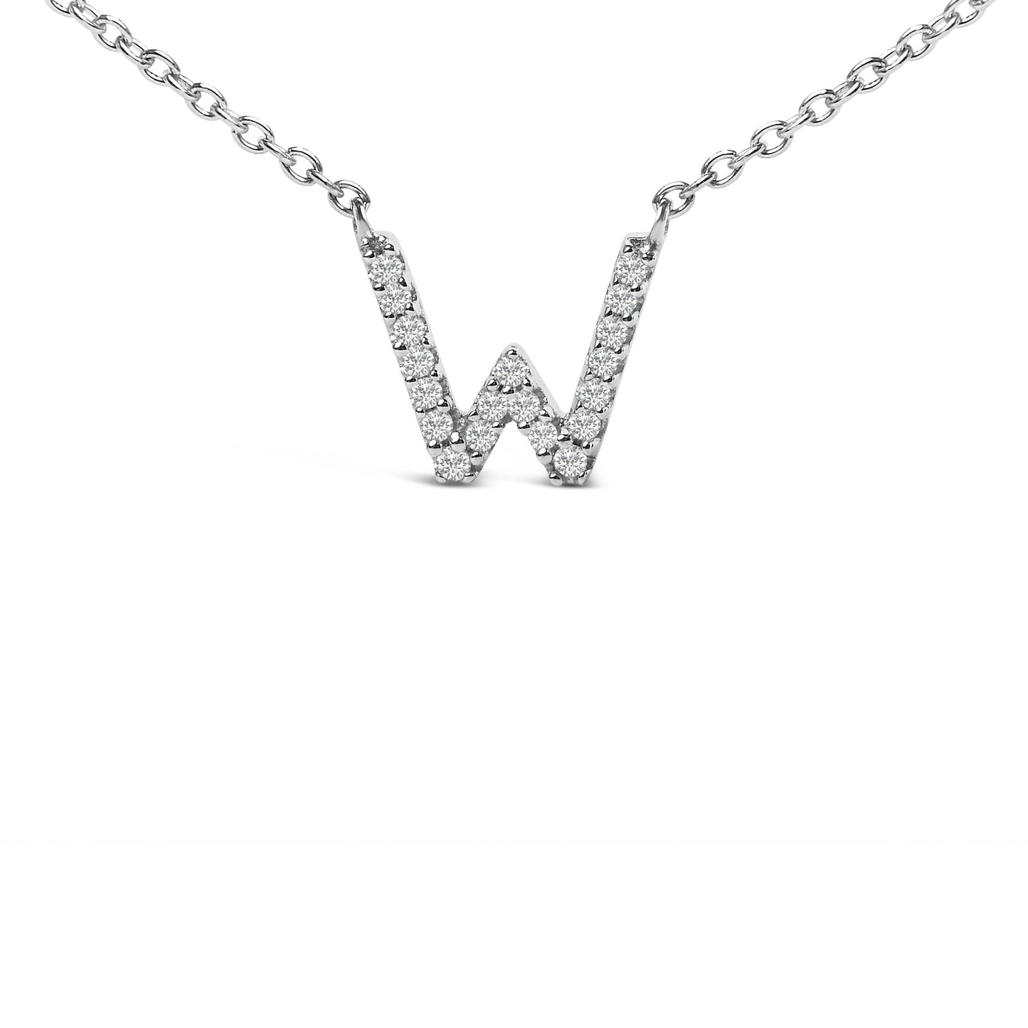 Close-up front view of a white metal necklace featuring a 'W' shaped pendant encrusted with round white gemstones in a micro-pave setting, shown on a white background.