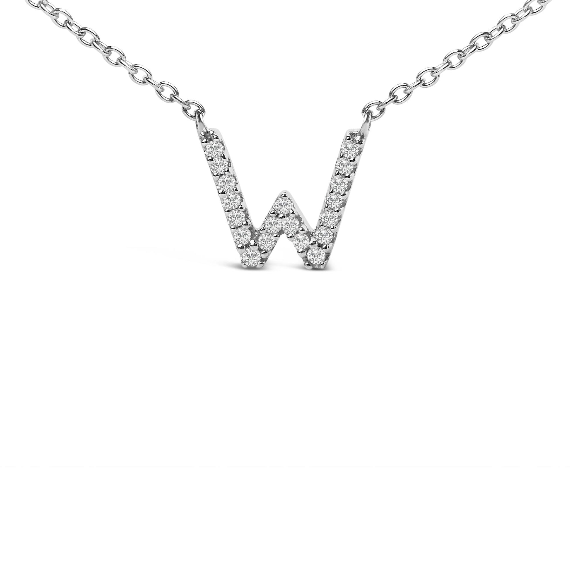 Close-up front view of a white metal necklace featuring a 'W' shaped pendant encrusted with round white gemstones in a micro-pave setting, shown on a white background.