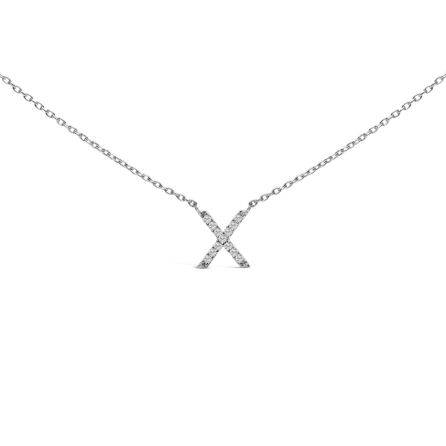 Front view of a white necklace with an 'X' pendant set with round white gemstones in a micro-pave setting shown on a white background.