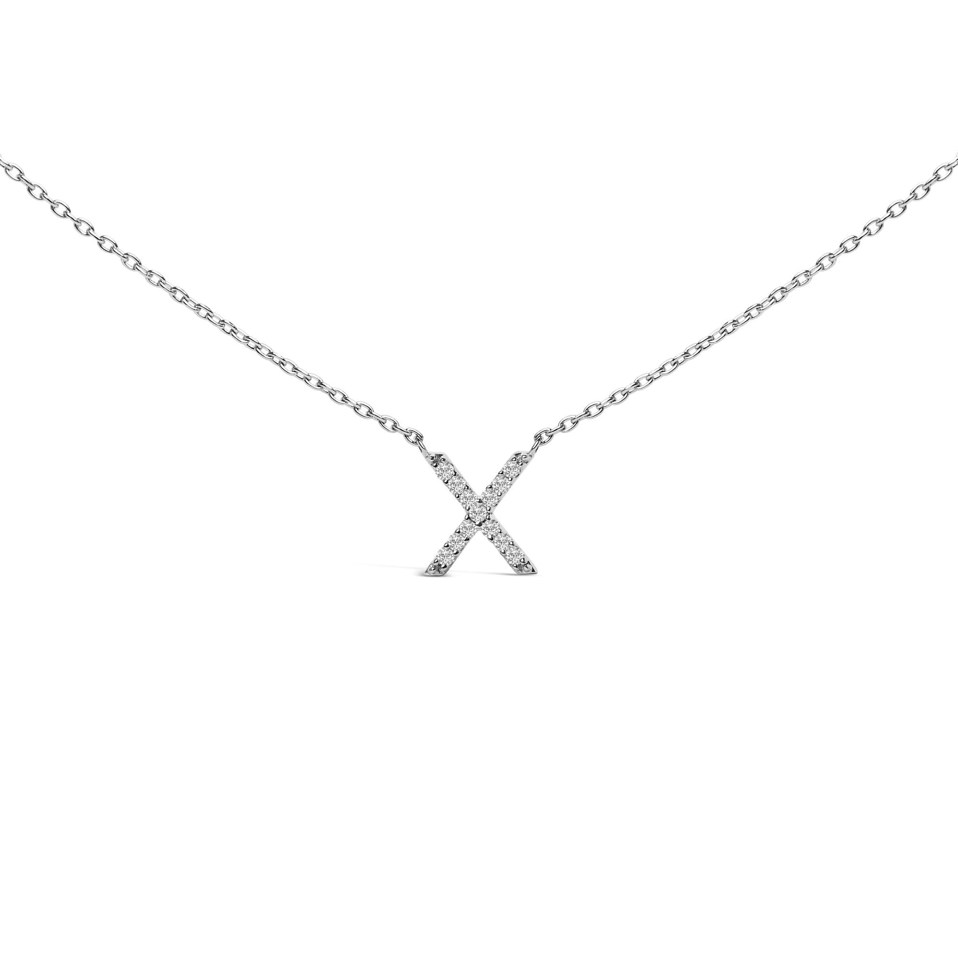Front view of a white necklace with an 'X' pendant set with round white gemstones in a micro-pave setting shown on a white background.