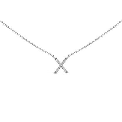 Front view of a white necklace with an 'X' pendant set with round white gemstones in a micro-pave setting shown on a white background.