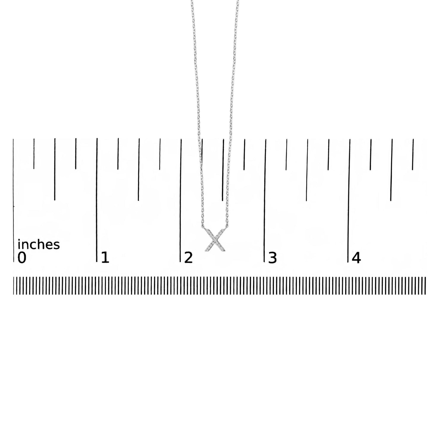 White necklace with an 'X' pendant featuring round white gemstones in a micro-pave setting, shown hanging vertically on a scale, front view.