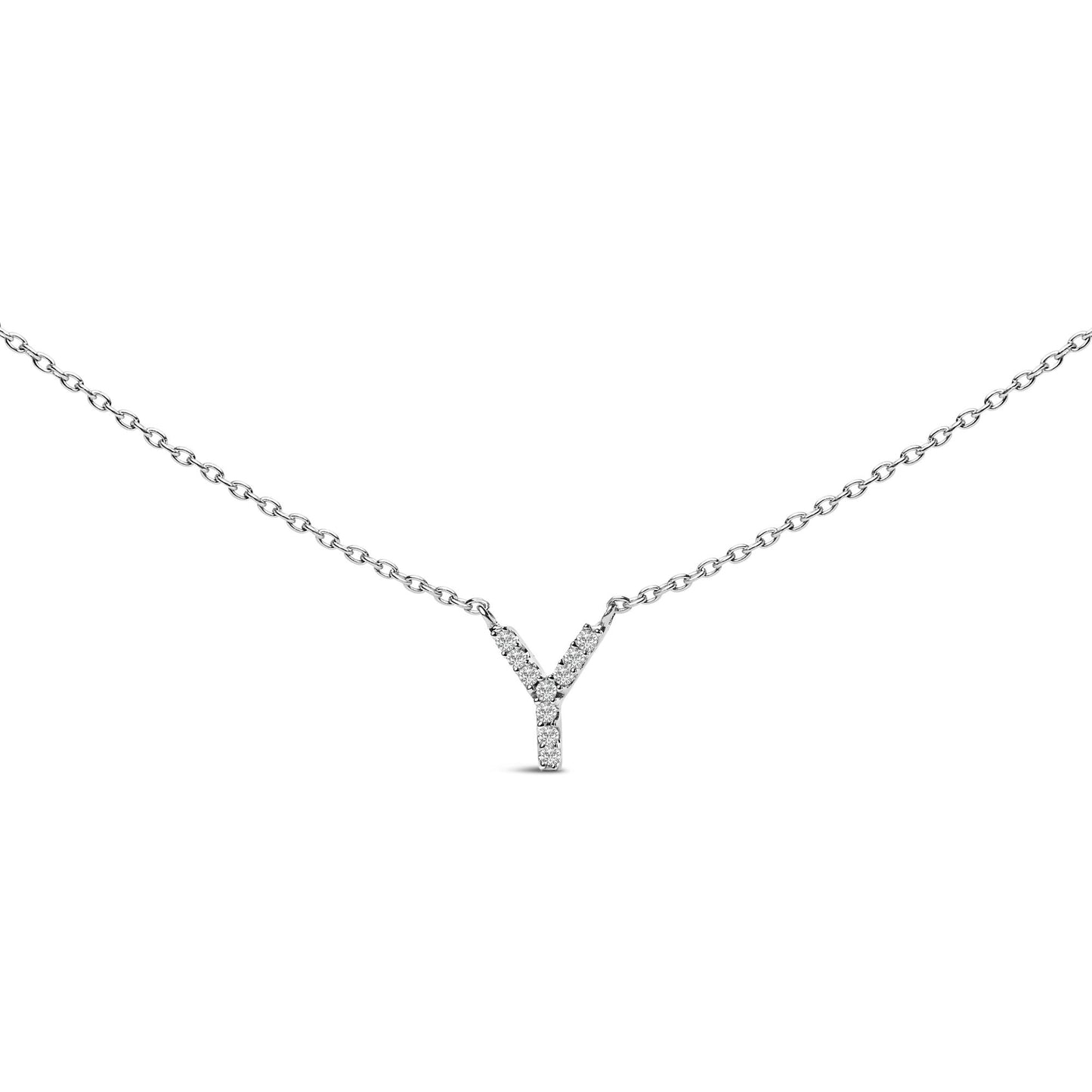 Close-up front angle of a white necklace with a Y-shaped pendant adorned with small round white gemstones in a micro-pave setting shown on a white background.