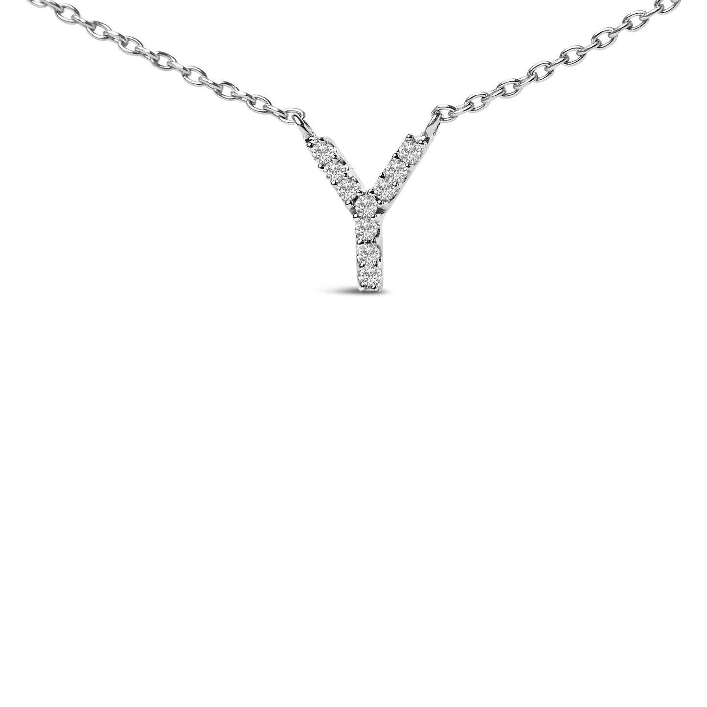 Close-up front view of a white metal necklace pendant in a Y shape, set with round white gemstones in a micro-pave setting on a matching white chain, shown on a white background.