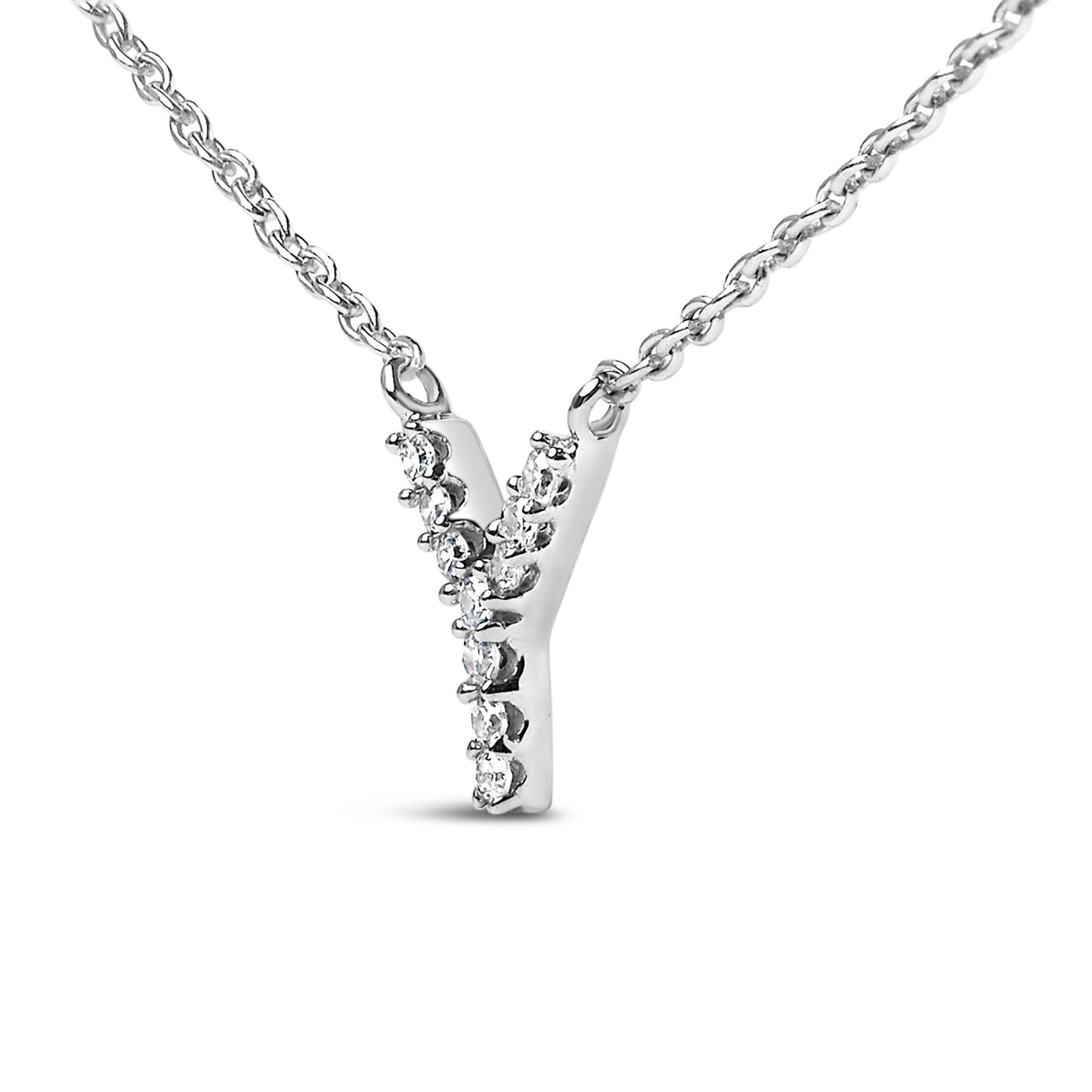 Close-up front angle of a white metal necklace with a V-shaped pendant adorned with round white gemstones in a micro-pave setting, shown on a white background.