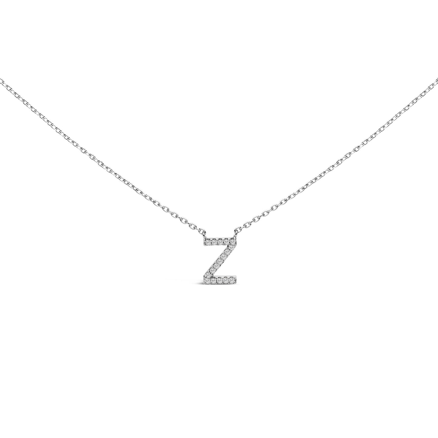 Close-up front view of a white necklace chain with a pendant in the shape of the letter Z, adorned with multiple small white gemstones in a micro-pave setting, shown on a white background.