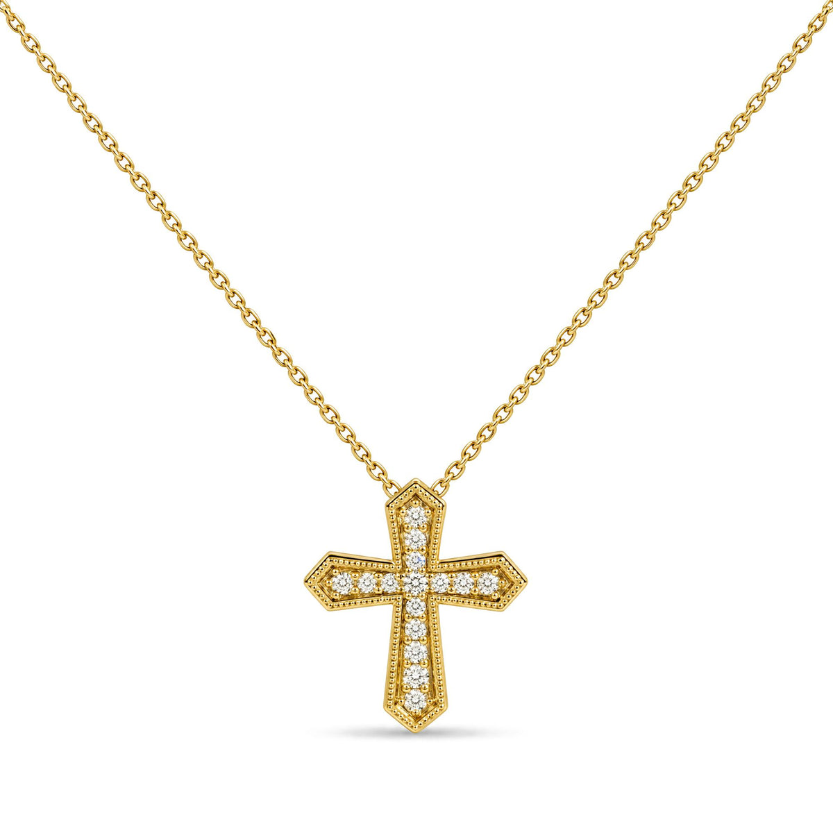 Front view of a yellow necklace with a cross-shaped pendant adorned with white round gemstones in a pave setting, shown on a white background.
