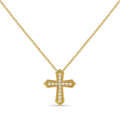 Front view of a yellow necklace with a cross-shaped pendant adorned with white round gemstones in a pave setting, shown on a white background.