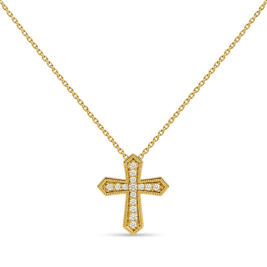 Front view of a yellow necklace with a cross-shaped pendant adorned with white round gemstones in a pave setting, shown on a white background.