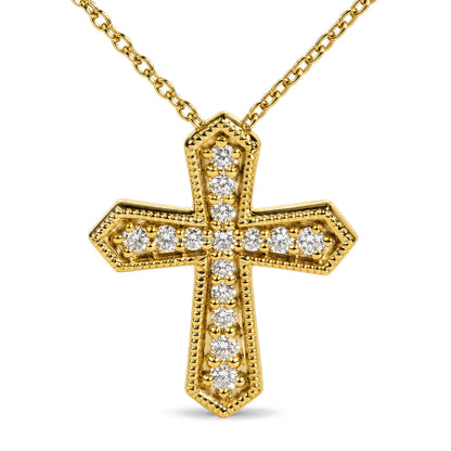 Close-up front view of a yellow metal cross-shaped necklace pendant adorned with multiple round white gemstones in a pave setting and attached to a yellow metal chain.