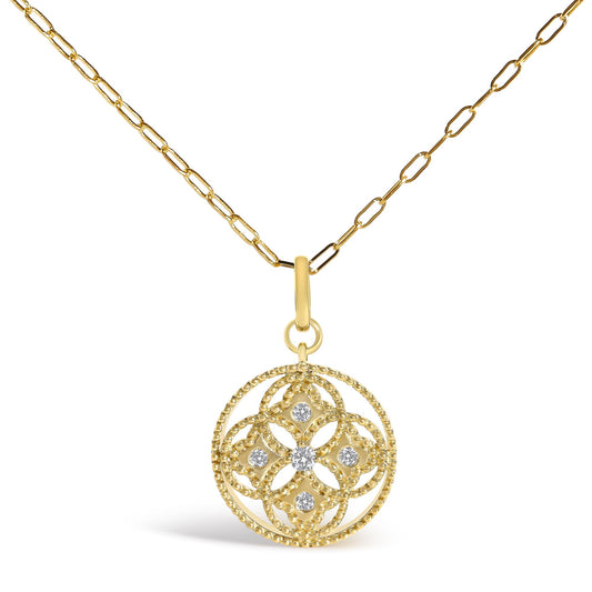 Front view of 14K yellow gold 1/6 Cttw diamond openwork medallion pendant necklace showcasing its round pendant on a white background
