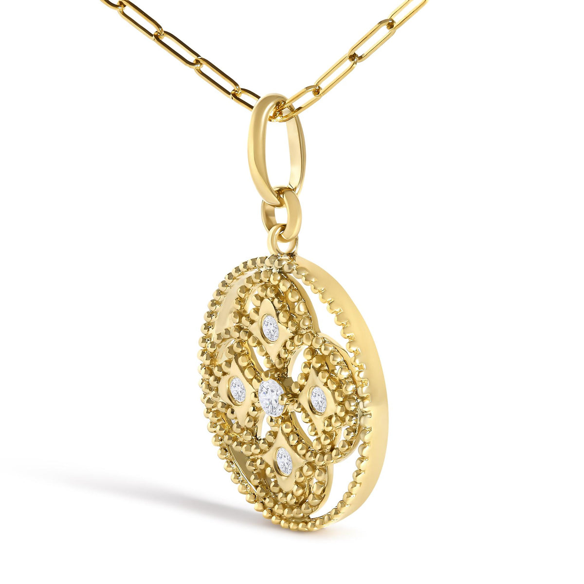 14K Yellow Gold 1/6 Cttw Diamond Openwork Medallion Pendant Necklace