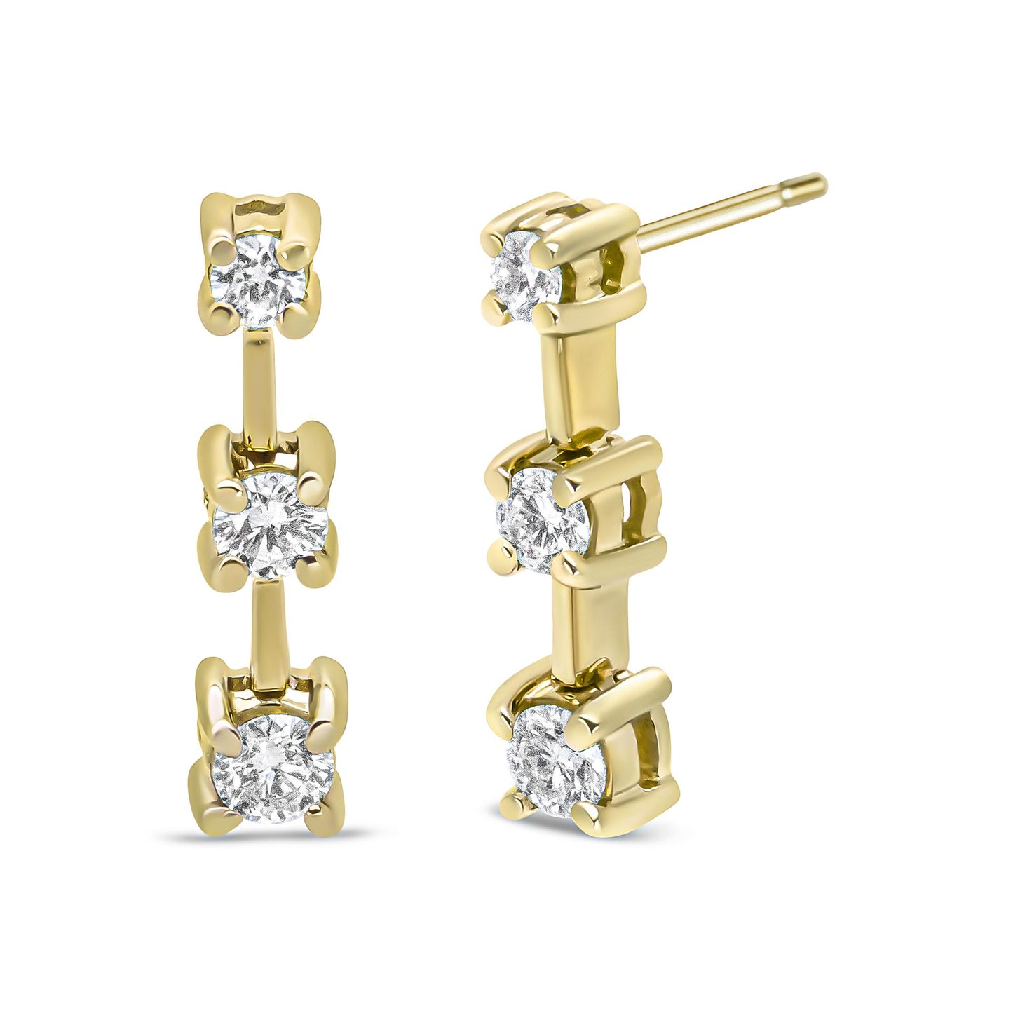 Front and side view of yellow metal earrings with three vertically aligned white gemstones in prong settings.