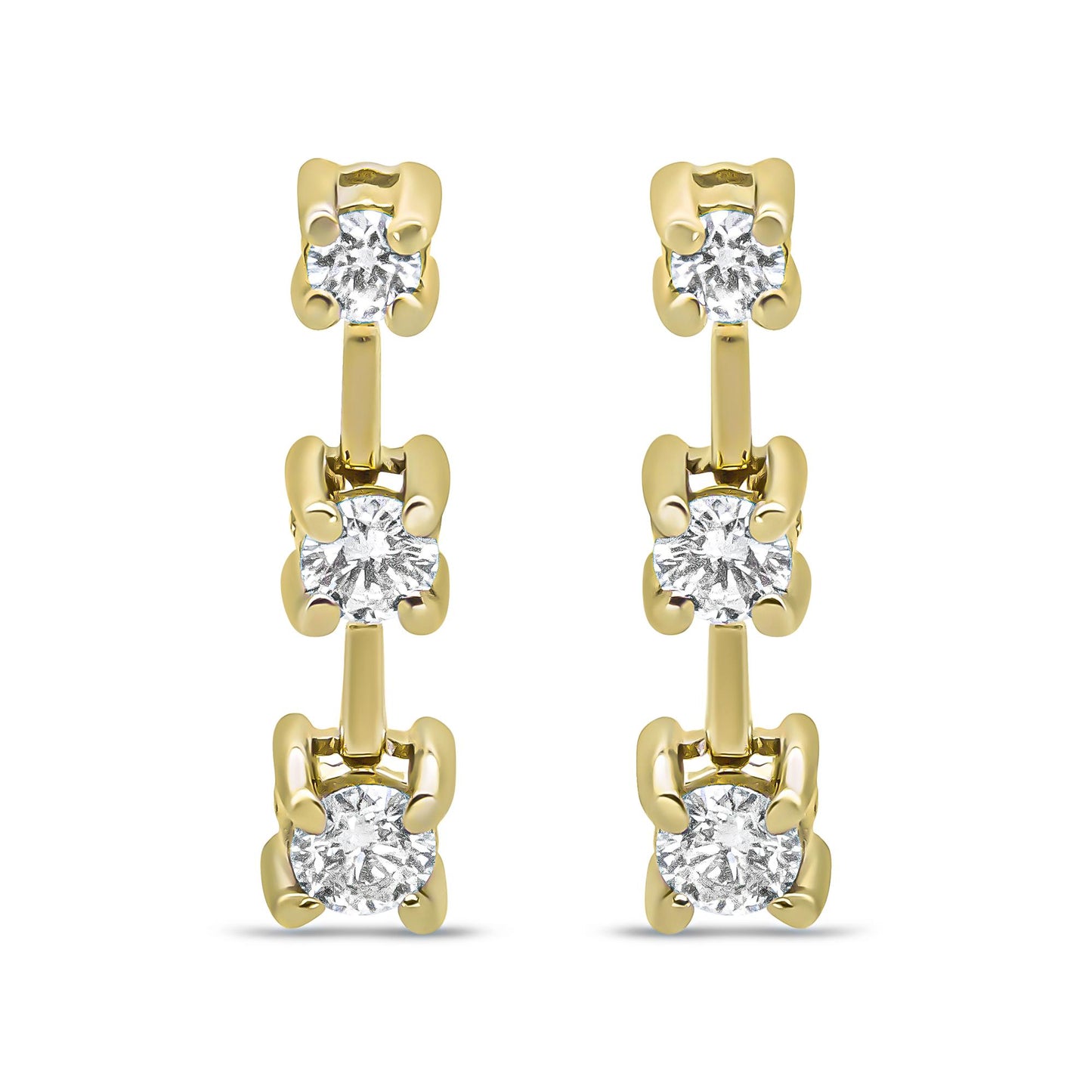 Front-facing view of yellow metal earrings featuring a vertical row of three prong-set white round gemstones.