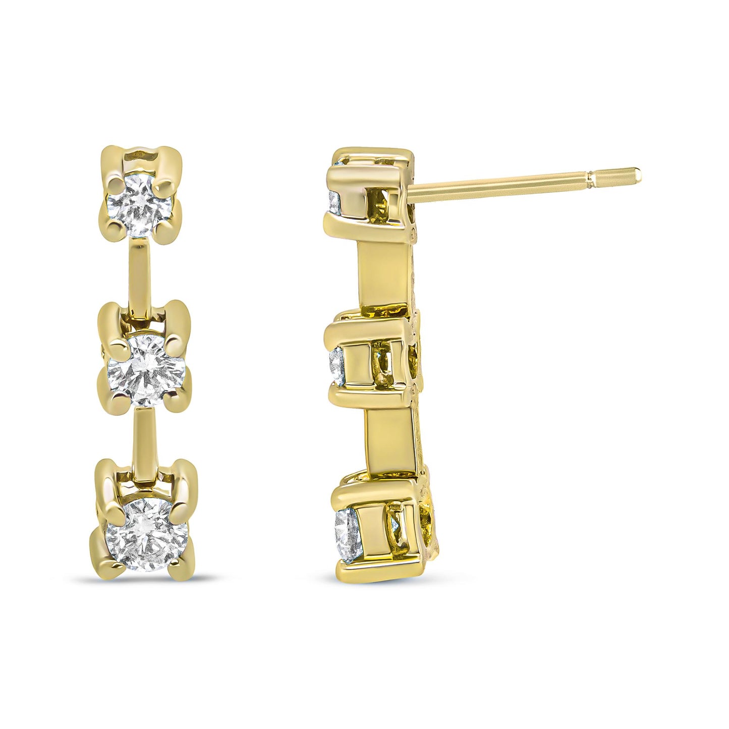 Pair of yellow metal earrings with three round white gemstones in prong settings, shown from front and side angles.