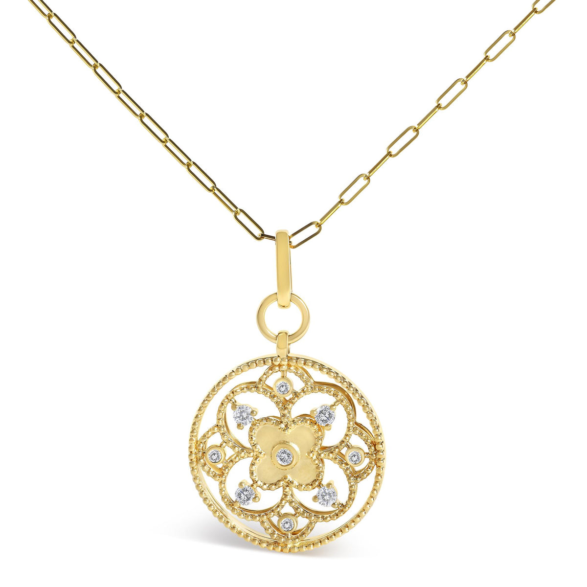 14K Yellow Gold 1/4 Cttw Diamond Openwork Medallion Pendant Necklace