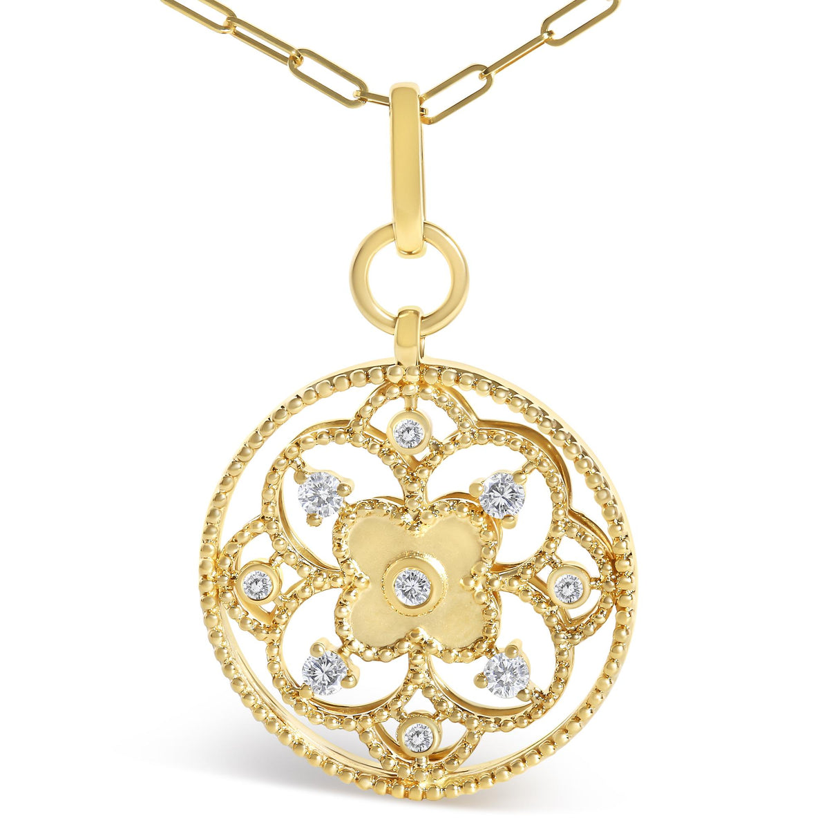 14K Yellow Gold 1/4 Cttw Diamond Openwork Medallion Pendant Necklace