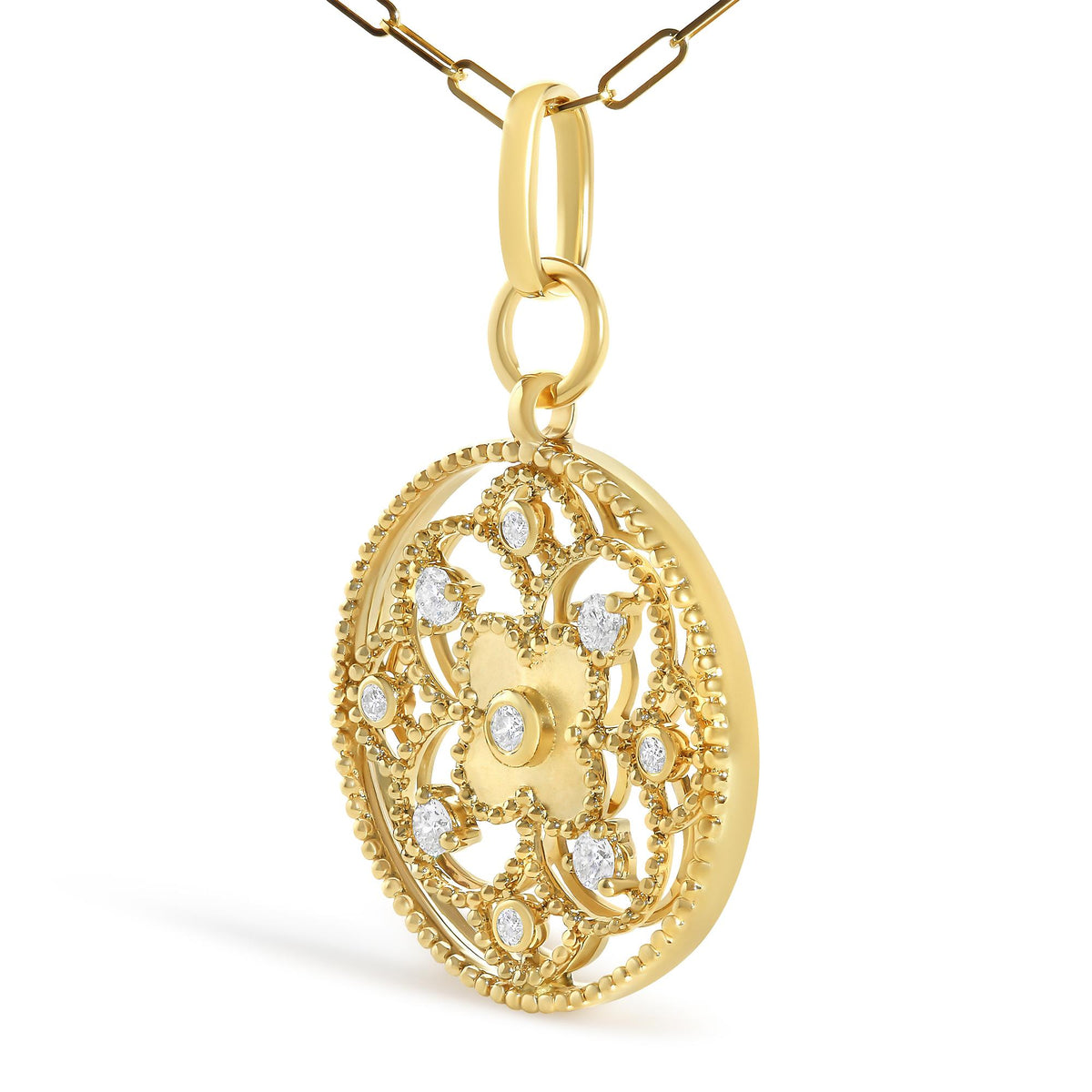 14K Yellow Gold 1/4 Cttw Diamond Openwork Medallion Pendant Necklace