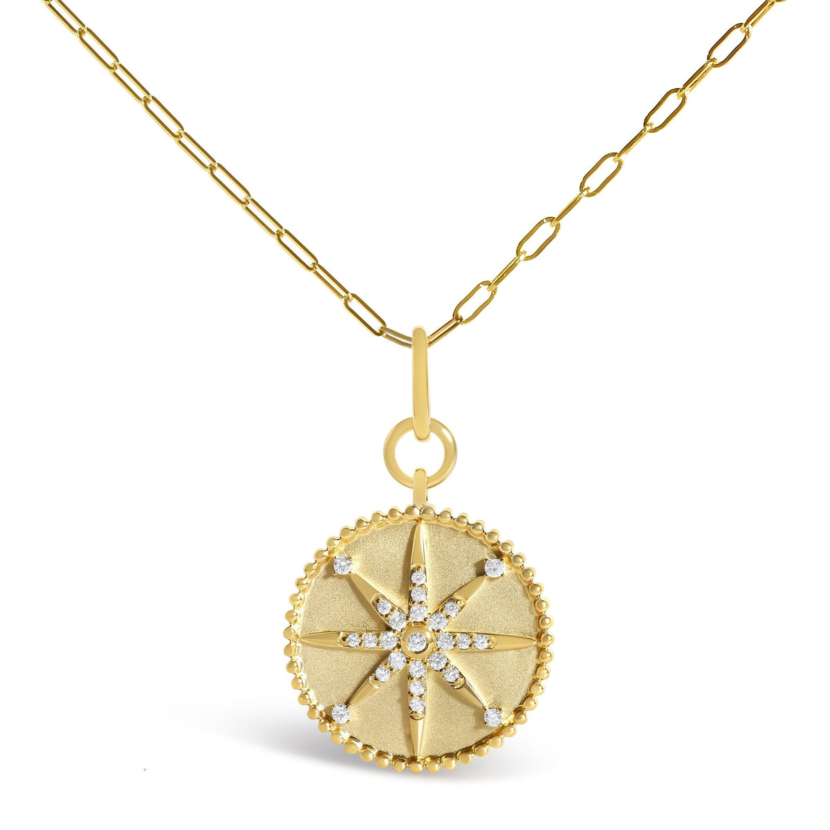 14K Yellow Gold 1/4 Cttw Diamond Compass Medallion Pendant Necklace