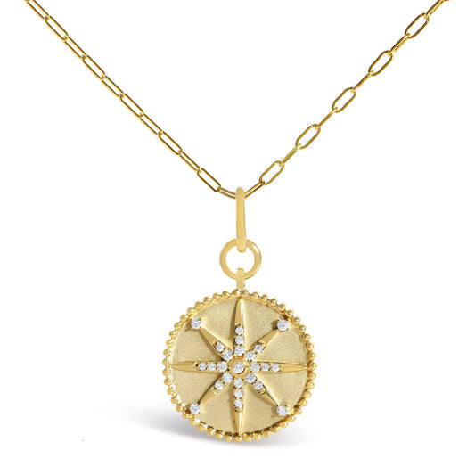 14K Yellow Gold 1/4 Cttw Diamond Compass Medallion Pendant Necklace