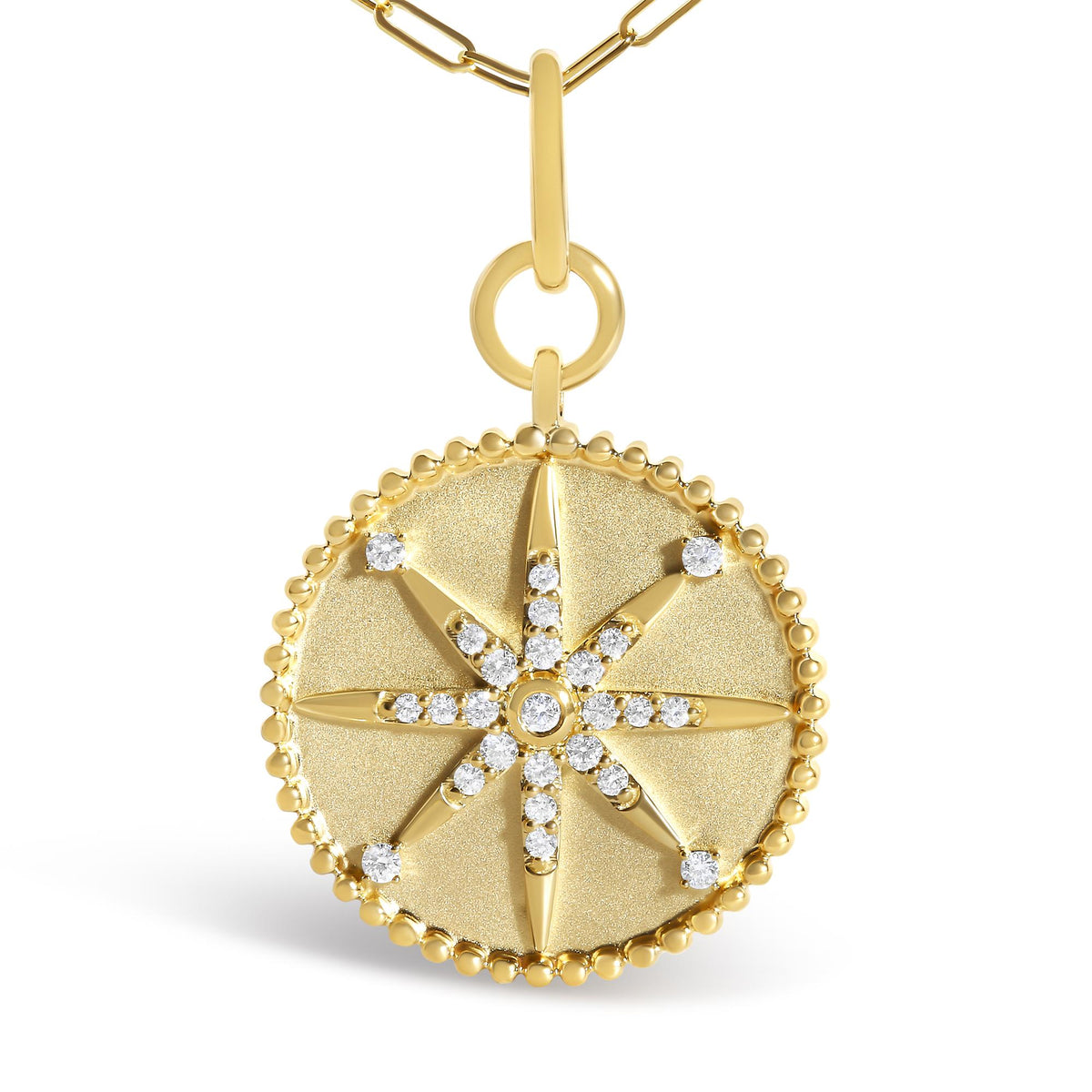 14K Yellow Gold 1/4 Cttw Diamond Compass Medallion Pendant Necklace