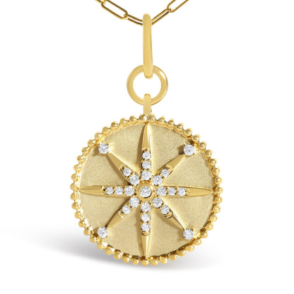 14K Yellow Gold 1/4 Cttw Diamond Compass Medallion Pendant Necklace