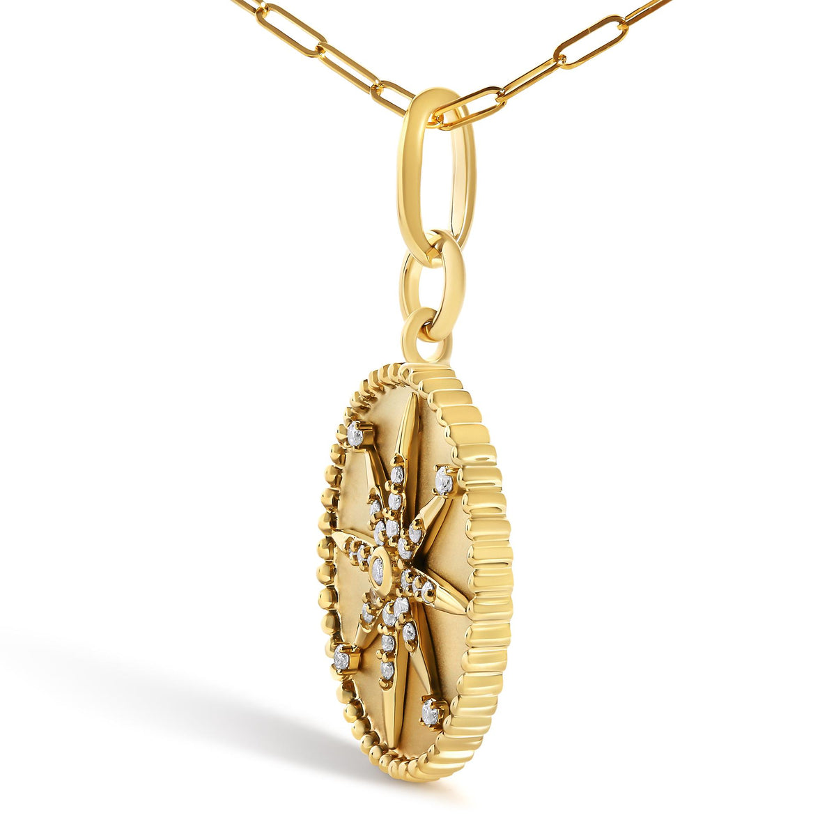 14K Yellow Gold 1/4 Cttw Diamond Compass Medallion Pendant Necklace