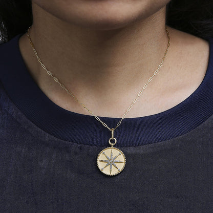 14K Yellow Gold 1/4 Cttw Diamond Compass Medallion Pendant Necklace