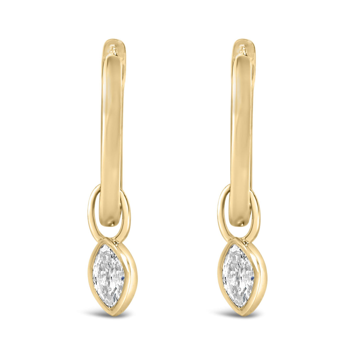 Close-up front view of yellow metal drop earrings with oval links and bezel-set marquise-shaped white gemstones at the bottom.