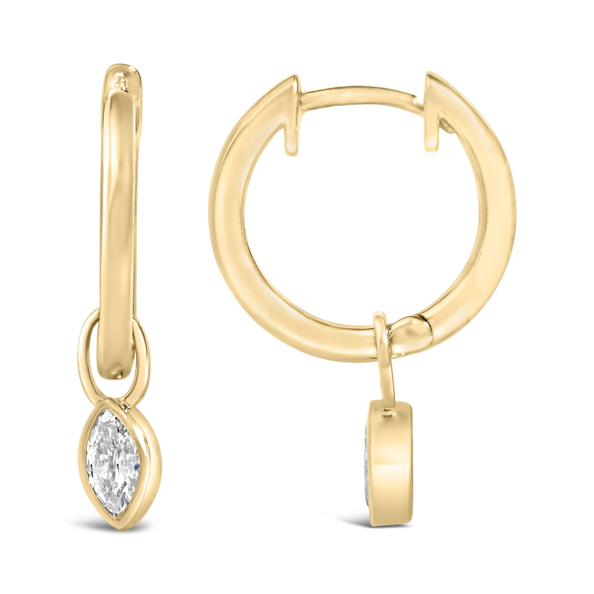 Close-up front and side view of yellow metal hoop earrings with dangling marquise-shaped white gemstones in a bezel setting.