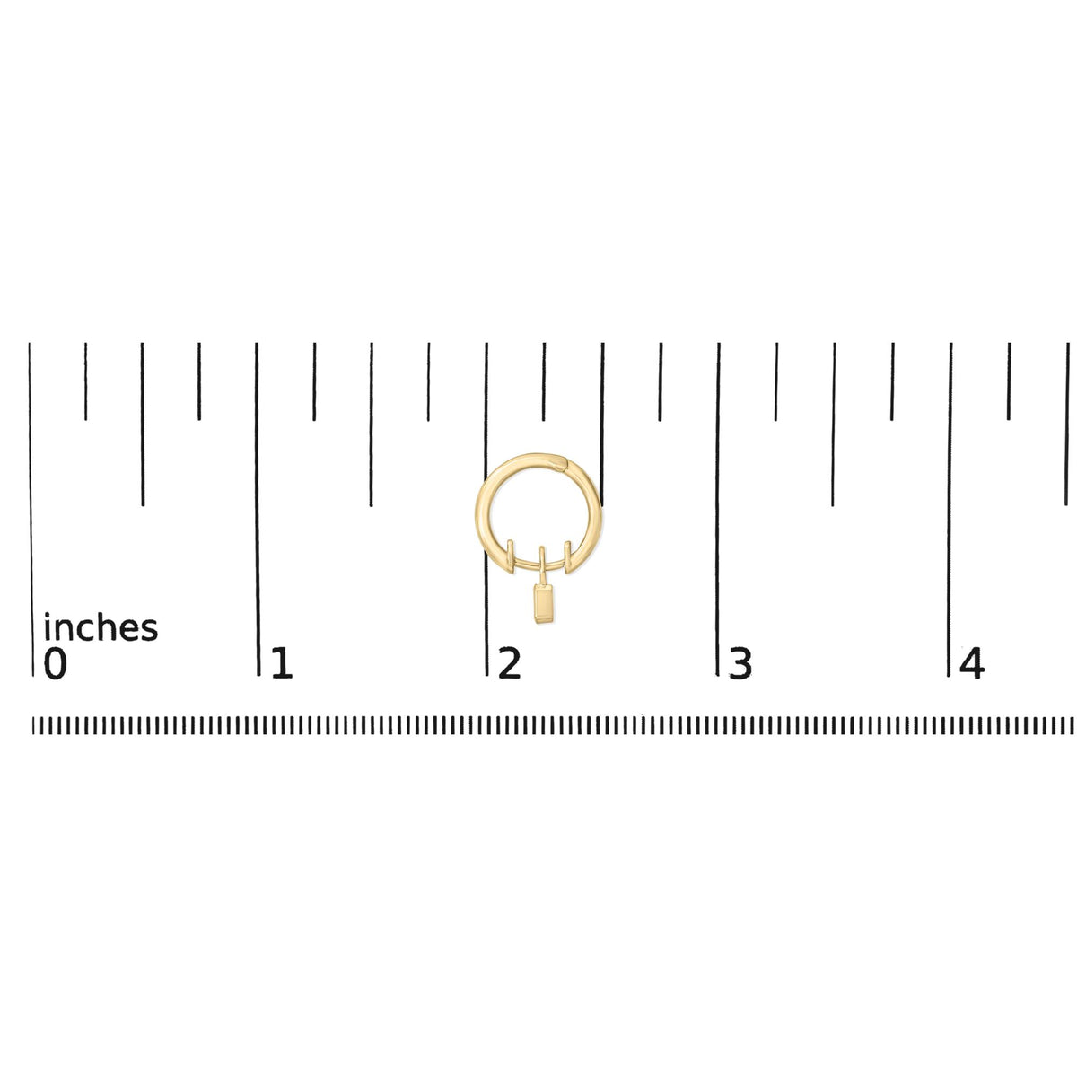 Yellow hoop earring with two white emerald-shaped gemstones in bezel settings and a dangling rectangular charm, shown on a ruler scale, front view.