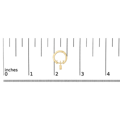 Yellow hoop earring with two white emerald-shaped gemstones in bezel settings and a dangling rectangular charm, shown on a ruler scale, front view.