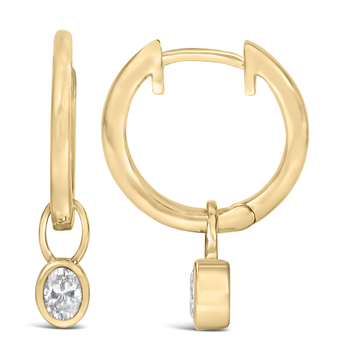 Close-up front and side view of yellow metal hoop earrings with oval white gemstones in bezel setting hanging from the hoops.