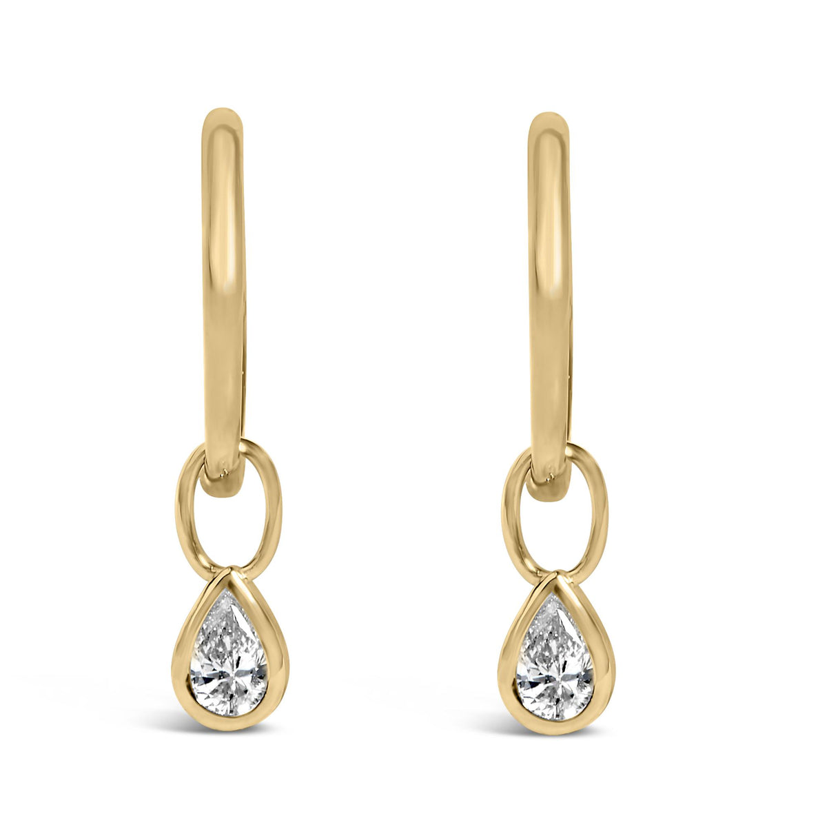 Front view close-up of a pair of yellow metal earrings with a linked oval design, each featuring a pear-shaped white gemstone in bezel setting at the bottom.